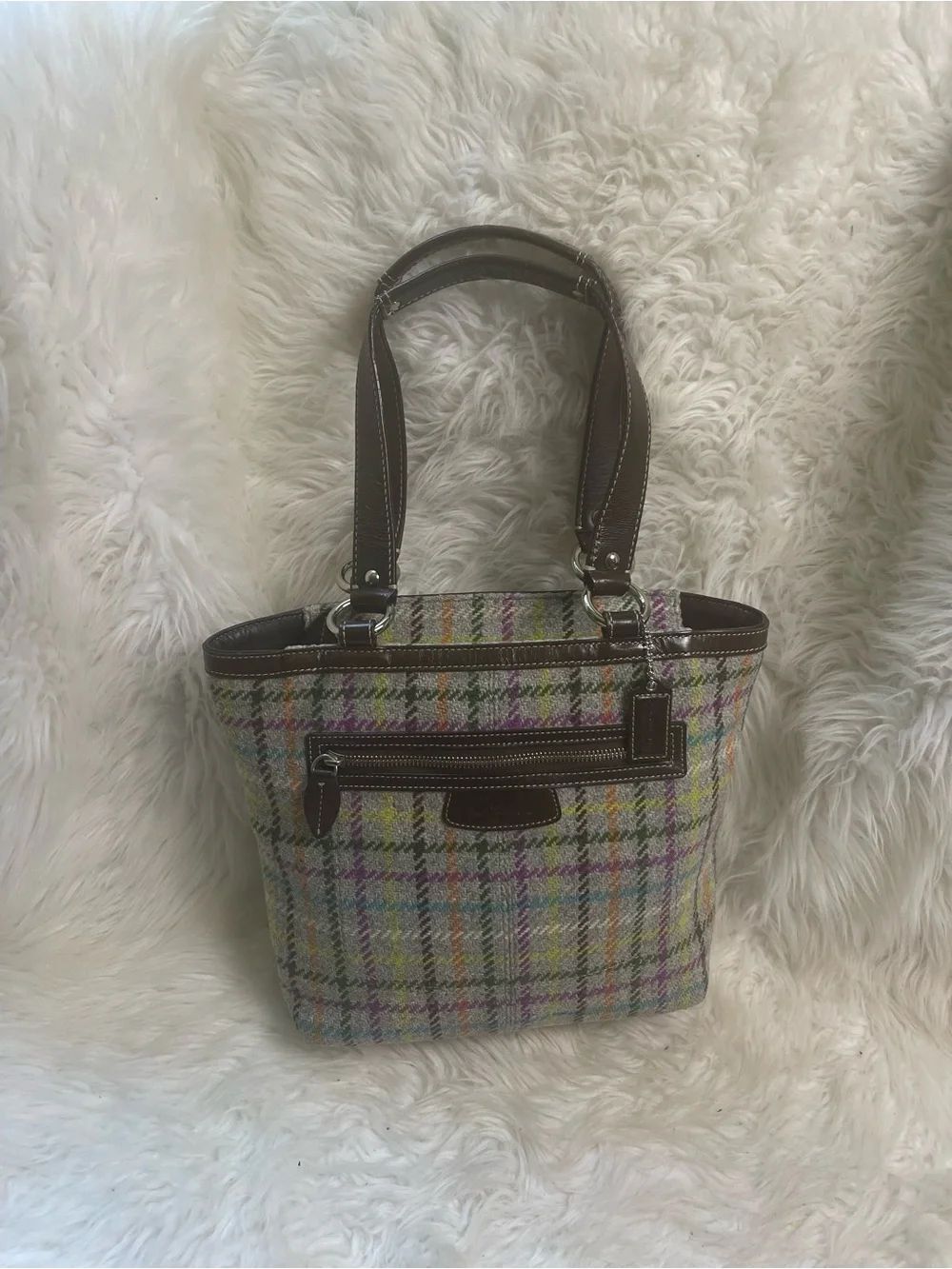 Coach Penelope plaid wool tweed Tote Bag with Brown leather Trim - Multicolor